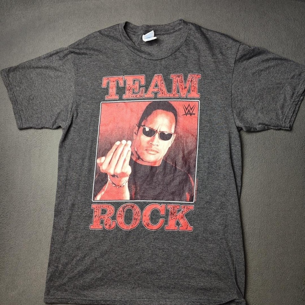 WWE The Rock Team Rock Shirt Mens Medium Black Wrestling Graphic Tee Poly Cotton